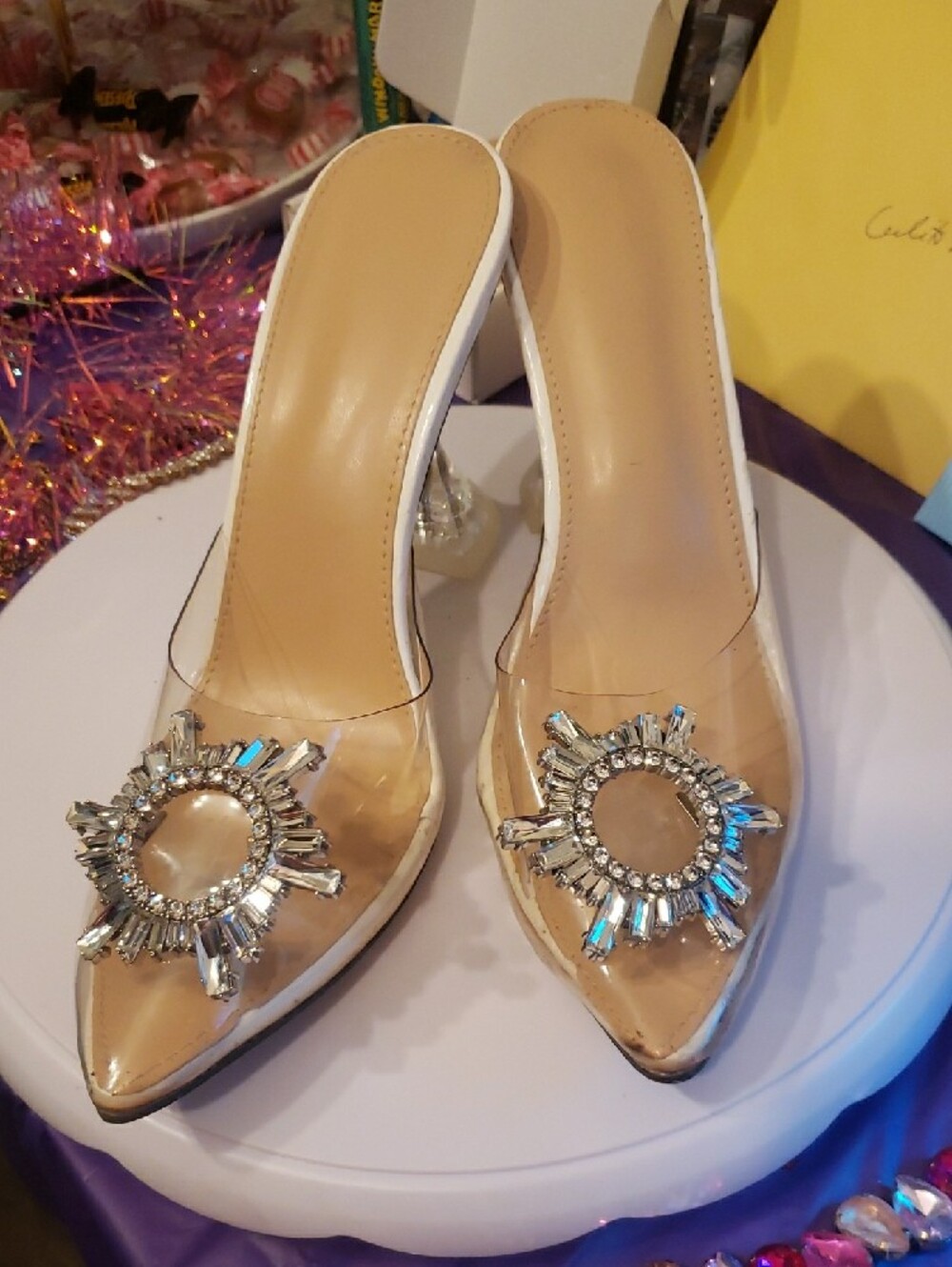Clear Transparent Pointed-Toe Mule Heels with Rhinestone Brooch (Size 9/40)